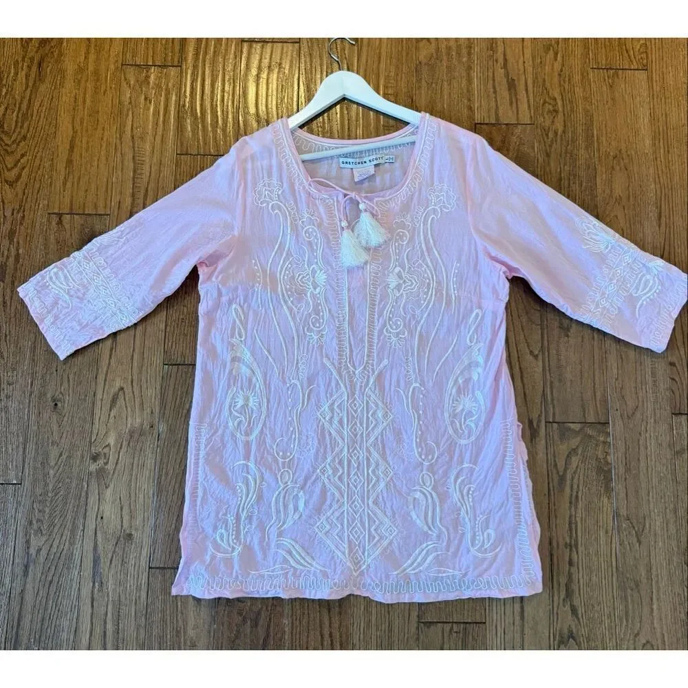 Gretchen Scott pink embroidered tassel tie tunic blouse size large